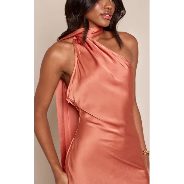 Orange Brûlé Robe Moulante À Détail Foulard En Satin Imprimé Fleuri