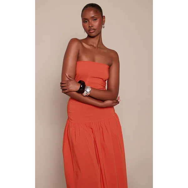 Orange Robe Maxi Bustier Froncée En Tissu Extensible Tissé