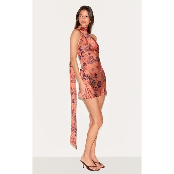 Orange Robe Moulante À Détail Foulard En Satin Imprimé Fleuri