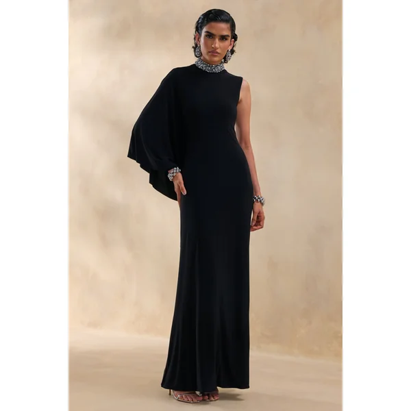 Oriana | Robe longue noire à col montant orné avec manche cape unique