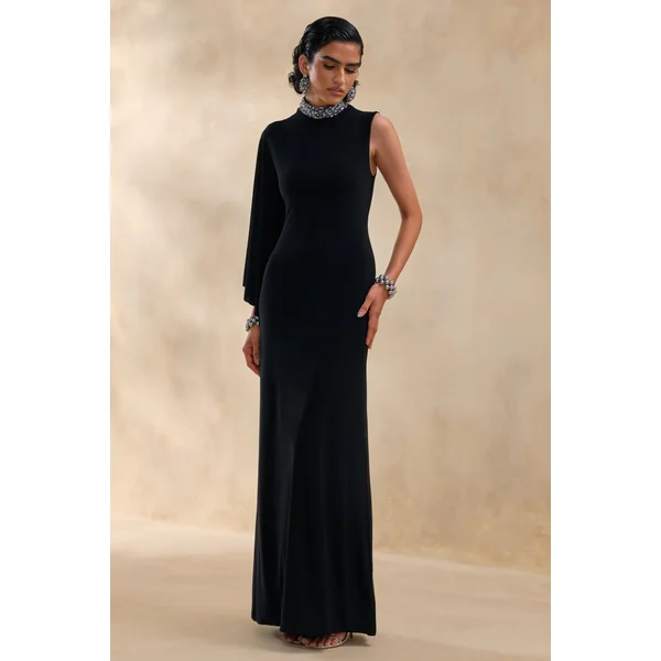 Oriana | Robe longue noire à col montant orné avec manche cape unique
