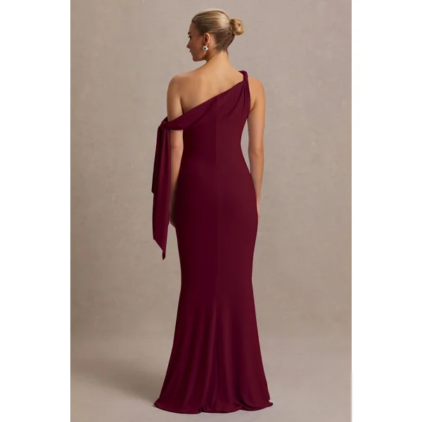 Orielle | Robe longue de maternité bordeaux à encolure asymétrique avec manche nouée