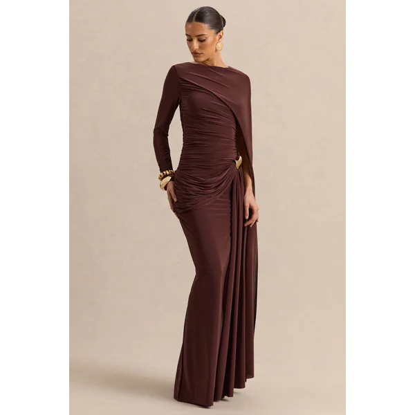 Orintha | Robe longue marron à encolure haute avec cape et détail doré
