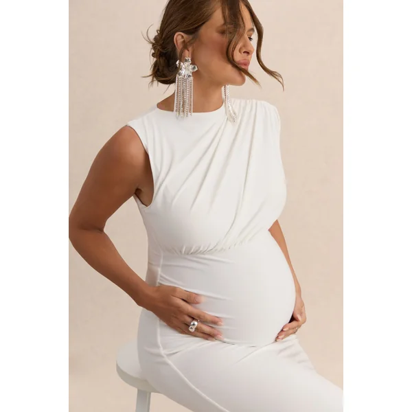 Osanna | Robe longue de maternité blanche à encolure large avec détails froncés