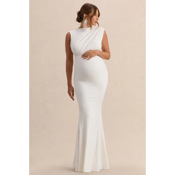 Osanna | Robe longue de maternité blanche à encolure large avec détails froncés