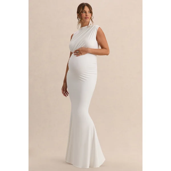 Osanna | Robe longue de maternité blanche à encolure large avec détails froncés