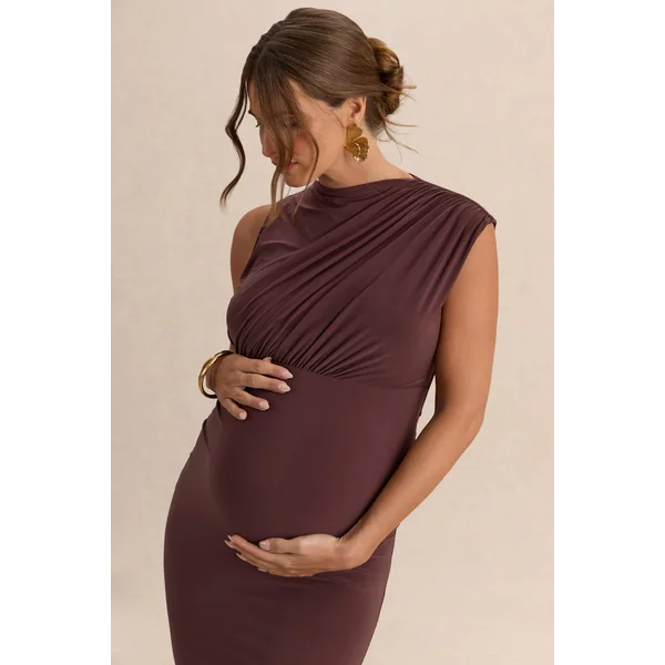 Osanna | Robe longue de maternité marron foncé à encolure large avec détails froncés