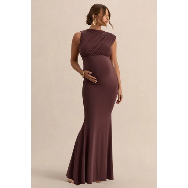 Osanna | Robe longue de maternité marron foncé à encolure large avec détails froncés