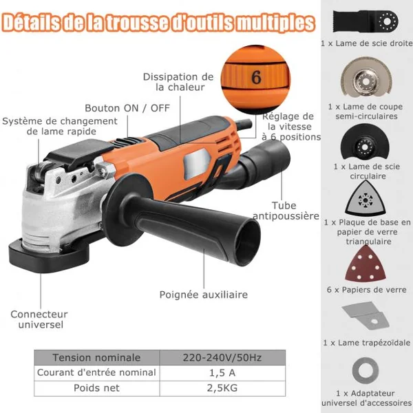 Outil Multifonction Oscillant 300W avec 15 Accessoires 6 Vitesses Variables