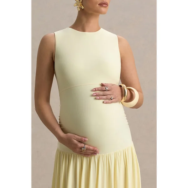Outline | Robe longue de maternité citron à col rond avec jupe plissée