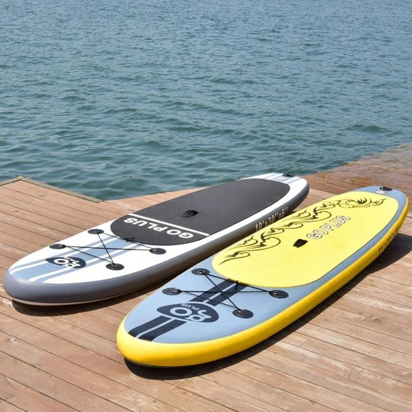 Paddle Debout Gonflable, Paddle Surf, avec Pompe Sac à dos Aviron pagaie Kit de Réparation, 335x76x15cm, Gris et Jaune