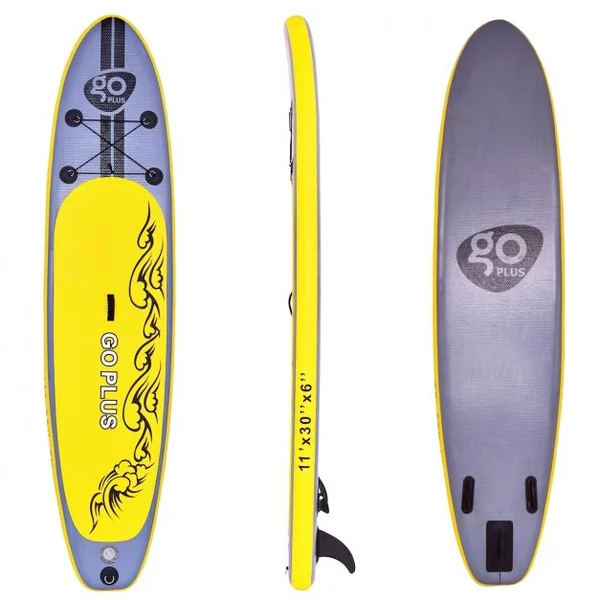 Paddle Debout Gonflable, Paddle Surf, avec Pompe Sac à dos Aviron pagaie Kit de Réparation, 335x76x15cm, Gris et Jaune