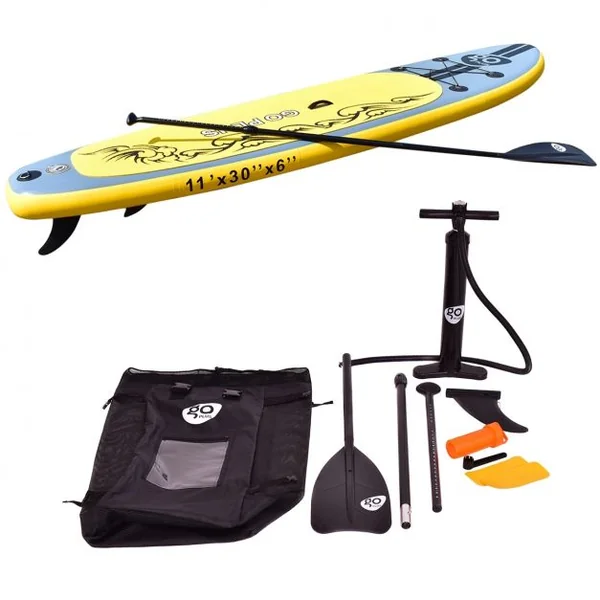 Paddle Debout Gonflable, Paddle Surf, avec Pompe Sac à dos Aviron pagaie Kit de Réparation, 335x76x15cm, Gris et Jaune