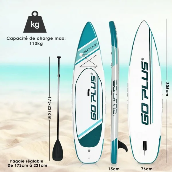 Paddle Gonflable pour Adulte avec Pagaie Ajustable et Accessoires Capacité 113 kg en PVC, 305x76x15cm, Blanc et Vert