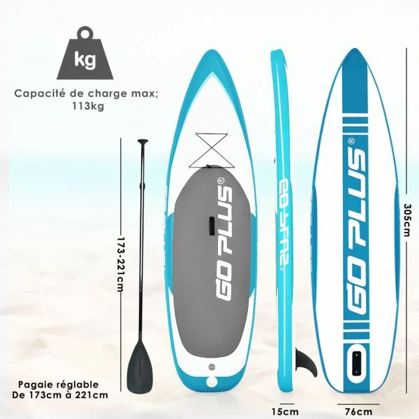 Paddle Gonflable pour Adulte avec Pagaie Ajustable et Accessoires Capacité 113 kg en PVC, 305x76x15cm, Blanc et Vert