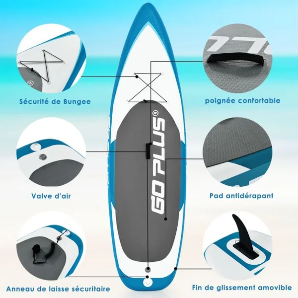 Paddle Gonflable pour Adulte avec Pagaie Ajustable et Accessoires Capacité 150 kg, en PVC, 335x76x15cm, Blanc et Bleu