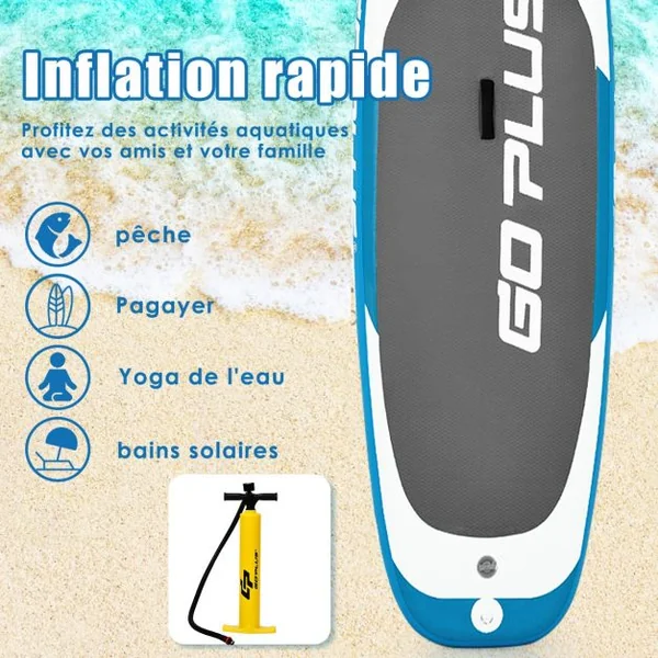 Paddle Gonflable pour Adulte avec Pagaie Ajustable et Accessoires Capacité 150 kg, en PVC, 335x76x15cm, Blanc et Bleu