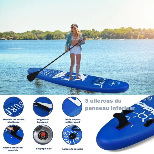 Paddle Gonflable Stand Up Sac de Transport Pagaie Réglable Aileron Inférieur Pompe à Main Sup en PVC 335x76x15cm Bleu