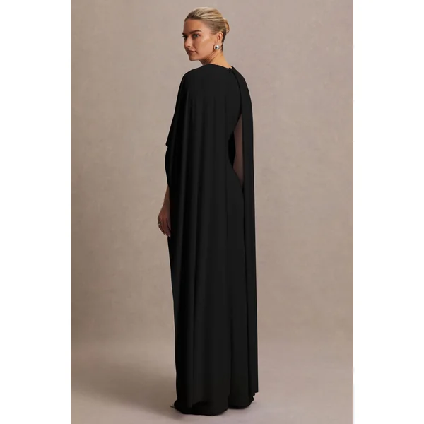 Padma | Robe de maternité noire drapée longue avec manches cape