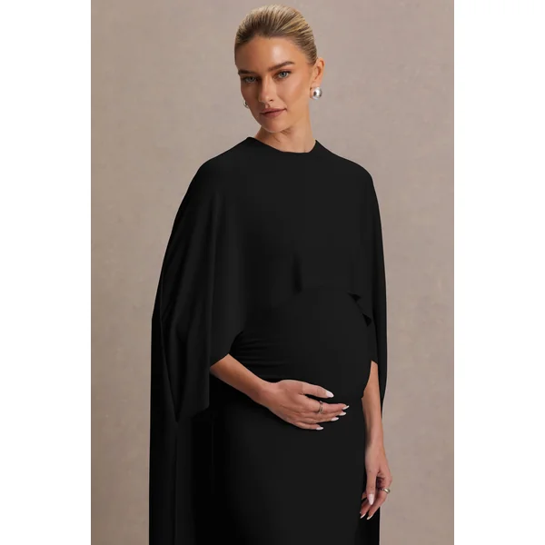 Padma | Robe de maternité noire drapée longue avec manches cape