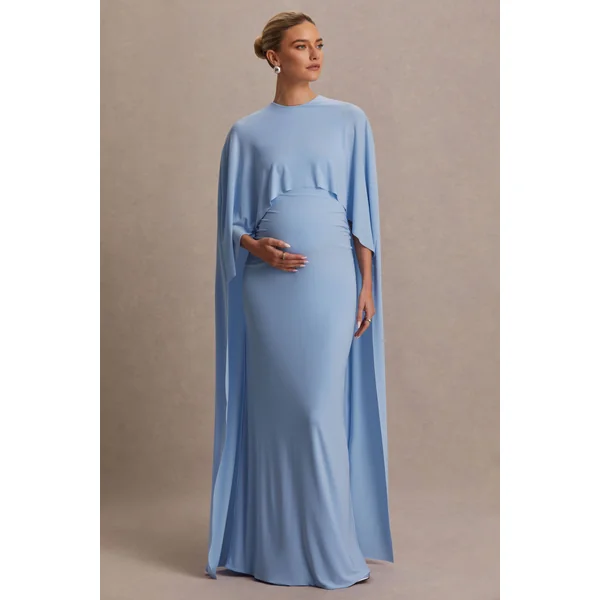 Padma | Robe longue de maternité bleu poudré drapée avec manches cape