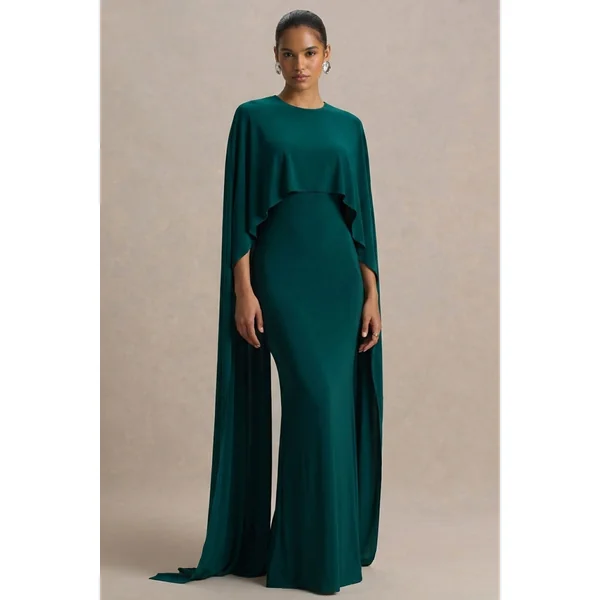 Padma | Robe longue vert bouteille drapée à manches cape