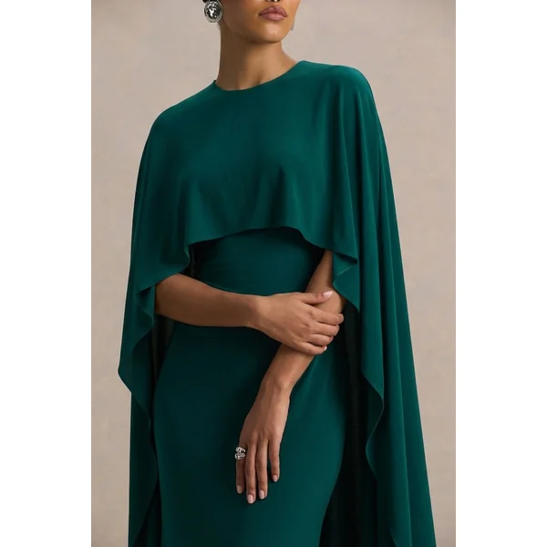 Padma | Robe longue vert bouteille drapée à manches cape