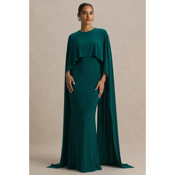 Padma | Robe longue vert bouteille drapée à manches cape