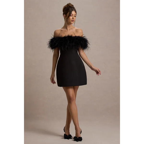 Palace | Mini-Robe Noire Bardot avec Garniture en Plumes