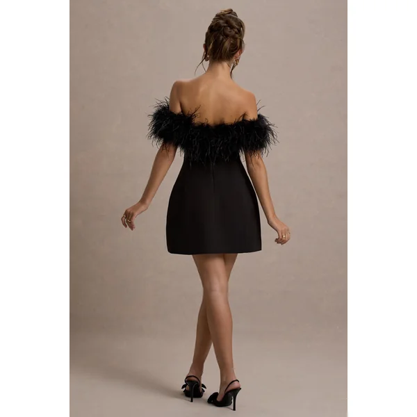 Palace | Mini-Robe Noire Bardot avec Garniture en Plumes