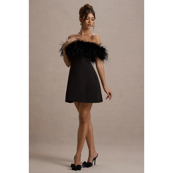 Palace | Mini-Robe Noire Bardot avec Garniture en Plumes