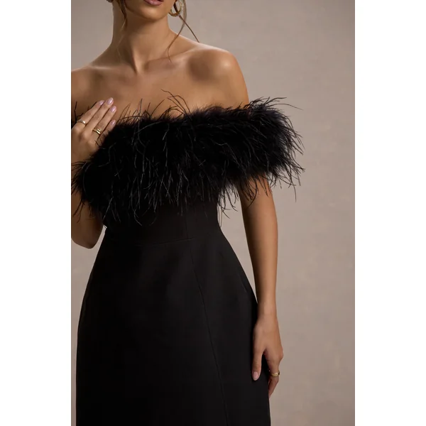 Palace | Mini-Robe Noire Bardot avec Garniture en Plumes