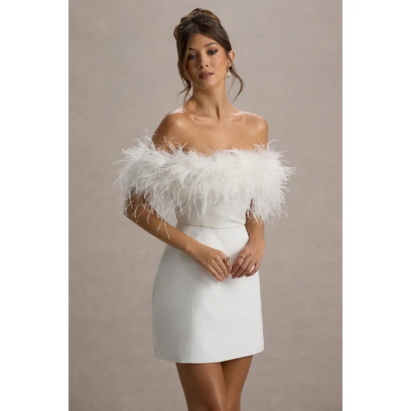 Palace | Mini-Robe Noire Bardot avec Garniture en Plumes
