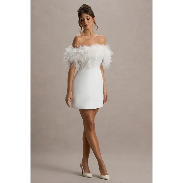 Palace | Mini-Robe Noire Bardot avec Garniture en Plumes