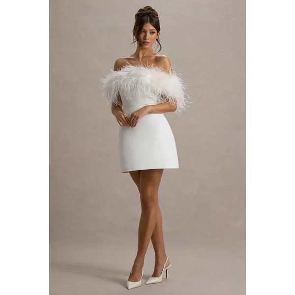 Palace | Mini-Robe Noire Bardot avec Garniture en Plumes