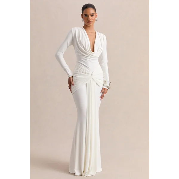 Palerma | Robe longue blanche à décolleté drapé avec détails froncés