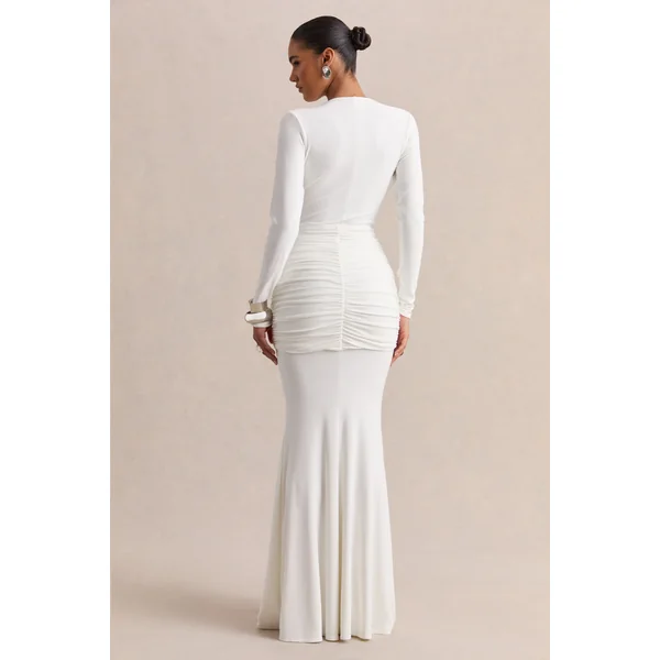 Palerma | Robe longue blanche à décolleté drapé avec détails froncés