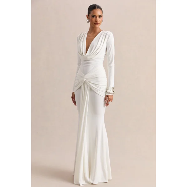 Palerma | Robe longue blanche à décolleté drapé avec détails froncés