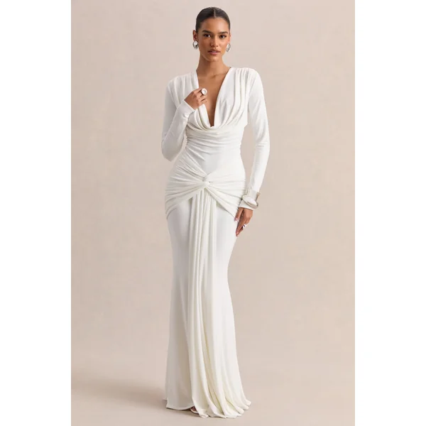 Palerma | Robe longue blanche à décolleté drapé avec détails froncés