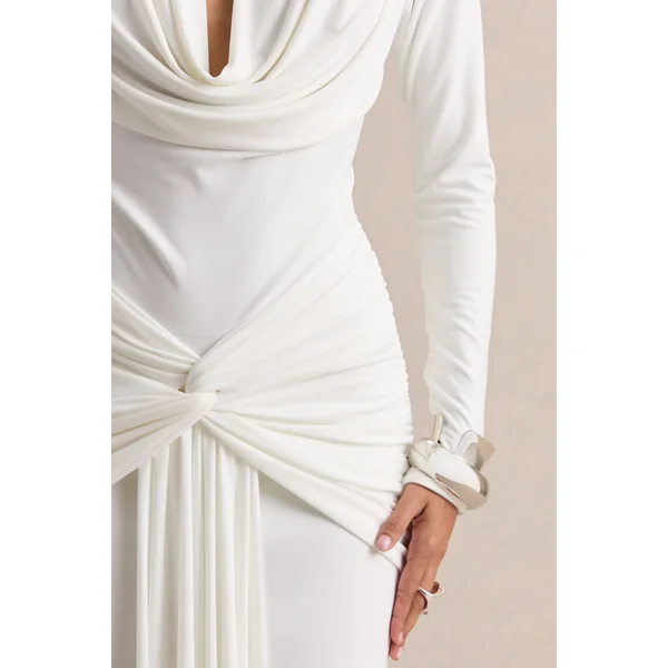 Palerma | Robe longue blanche à décolleté drapé avec détails froncés