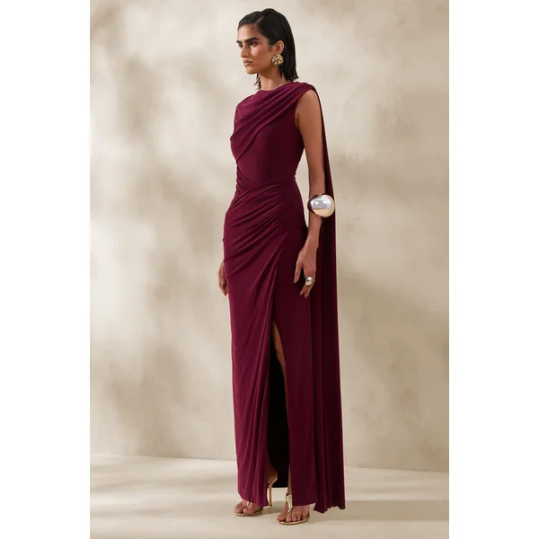Palomara | Robe longue bordeaux à encolure ronde avec ceinture fluide et fente haute à l’avant