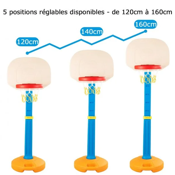 Panier de Basket-ball pour Enfants de 3-7 Ans Hauteur Ajustable 120-160cm pour Intérieur/Extérieur en HDPE Multicolore
