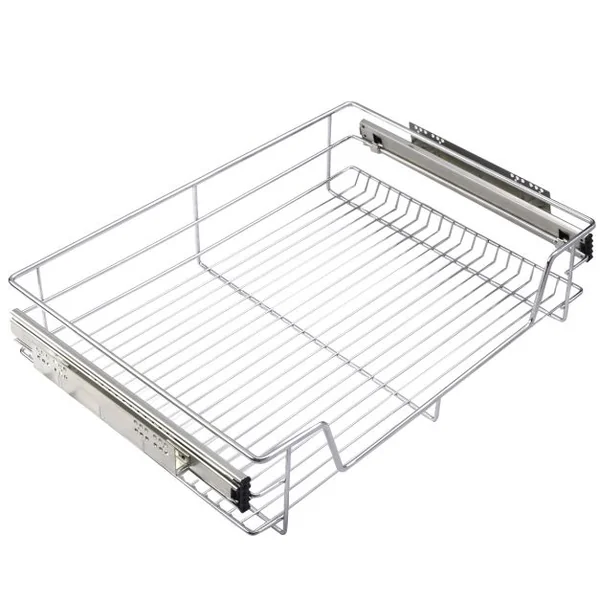 Panier de cuisine Coulissant Tiroir Télescopique pour Placard ou armoire en Métal Chromé charge maxi 16 kg, 49 x 44 x 14 cm (L x P x H)