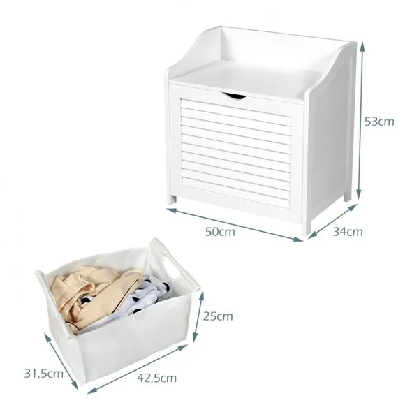 Panier à Linge en Bois avec Doublure en Coton Amovible et Lavable avec Design Couvercle et Persienne Blanc