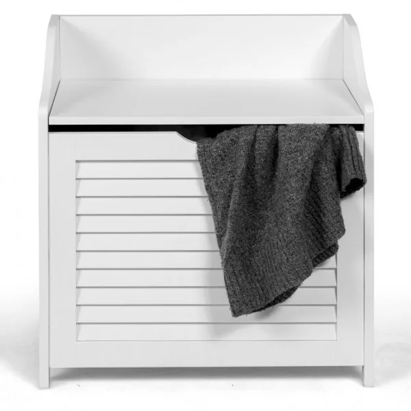 Panier à Linge en Bois avec Doublure en Coton Amovible et Lavable avec Design Couvercle et Persienne Blanc