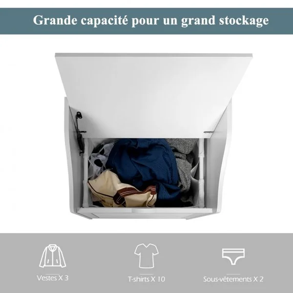 Panier à Linge en Bois avec Doublure en Coton Amovible et Lavable avec Design Couvercle et Persienne Blanc