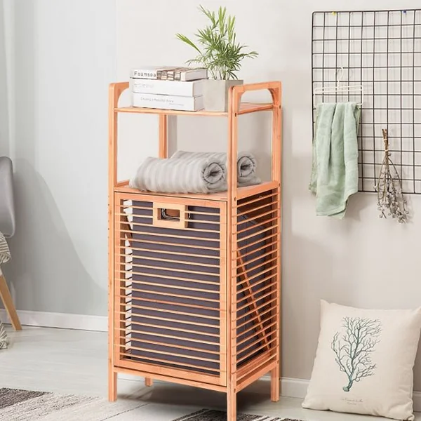 Panier à Linge Inclinable et Imperméable Panier pour Vêtements Sales avec Sac Amovible en Bambou Naturel 40x30x95cm