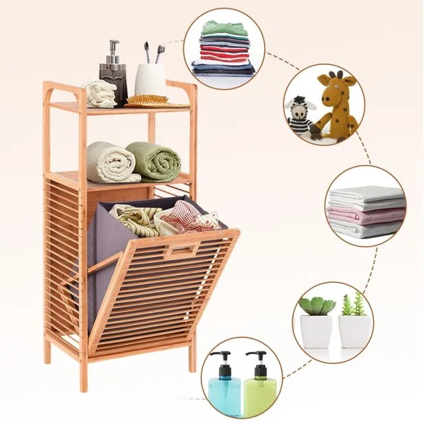 Panier à Linge Inclinable et Imperméable Panier pour Vêtements Sales avec Sac Amovible en Bambou Naturel 40x30x95cm