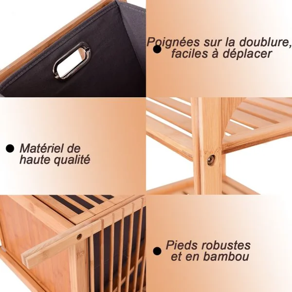 Panier à Linge Inclinable et Imperméable Panier pour Vêtements Sales avec Sac Amovible en Bambou Naturel 40x30x95cm