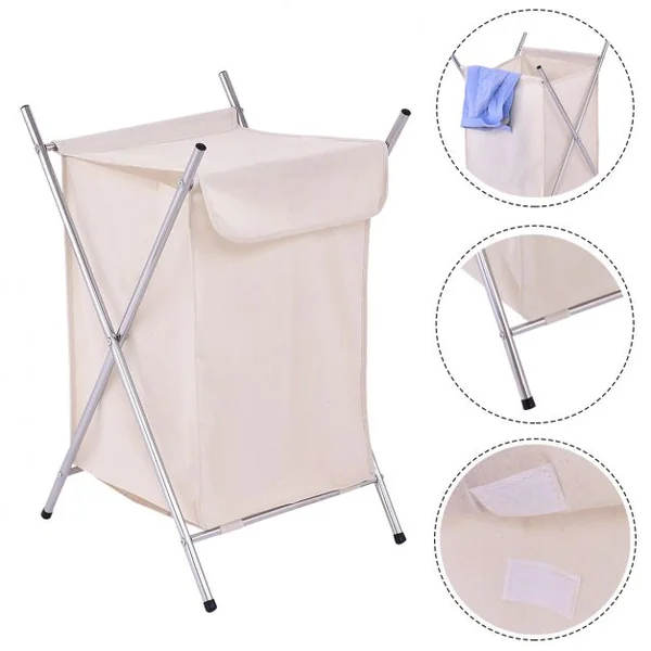 Panier à Linge Sac à Linge Support en Acier et Panier de Rangement en Toile, Capacité 5 kg, 43,5 x 51 x 71 cm, Beige